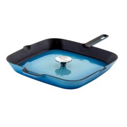 MegaChef 11 Inch Square Enamel Cast Iron Grill Pan with Matching Grill Press in Blue with Press