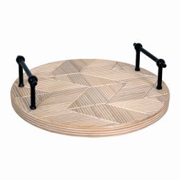 Farmhouse Carved Natural Wood Decorative Round Tabletop Tray (Pack of 1)