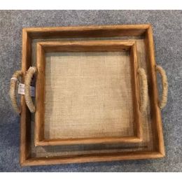 Tray (Set of 2) 12"L, 16"L Wood/Jute