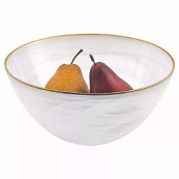 10" Hand Crafted White Gold Glass Fruit or Salad Bowl With Gold Rim (Pack of 1)