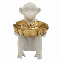Plutus Brands Monkey Holding Leaf Tray in White Resin (Pack of 1)