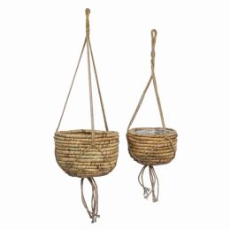 Plutus Brands Water Hyacinth Basket Hanging Planter Set Of Two in Brown Natural Fiber