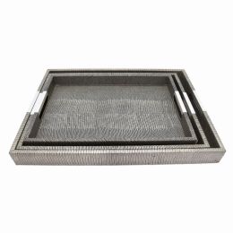 Plutus Brands Wood Tray Set Of 3 in Gray PU-Faux Leather