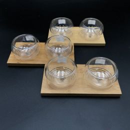 A Set of 3 Bamboo double trays with 6 doublewalled thermo bowls to match